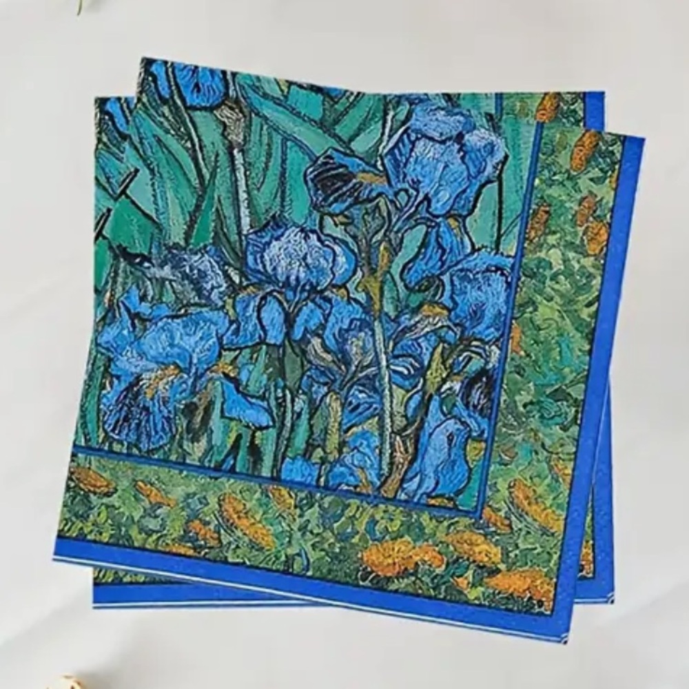 Set of Two(2) Individual Van Gogh Inspired Blue Iris Cocktail Size Paper Napkins
